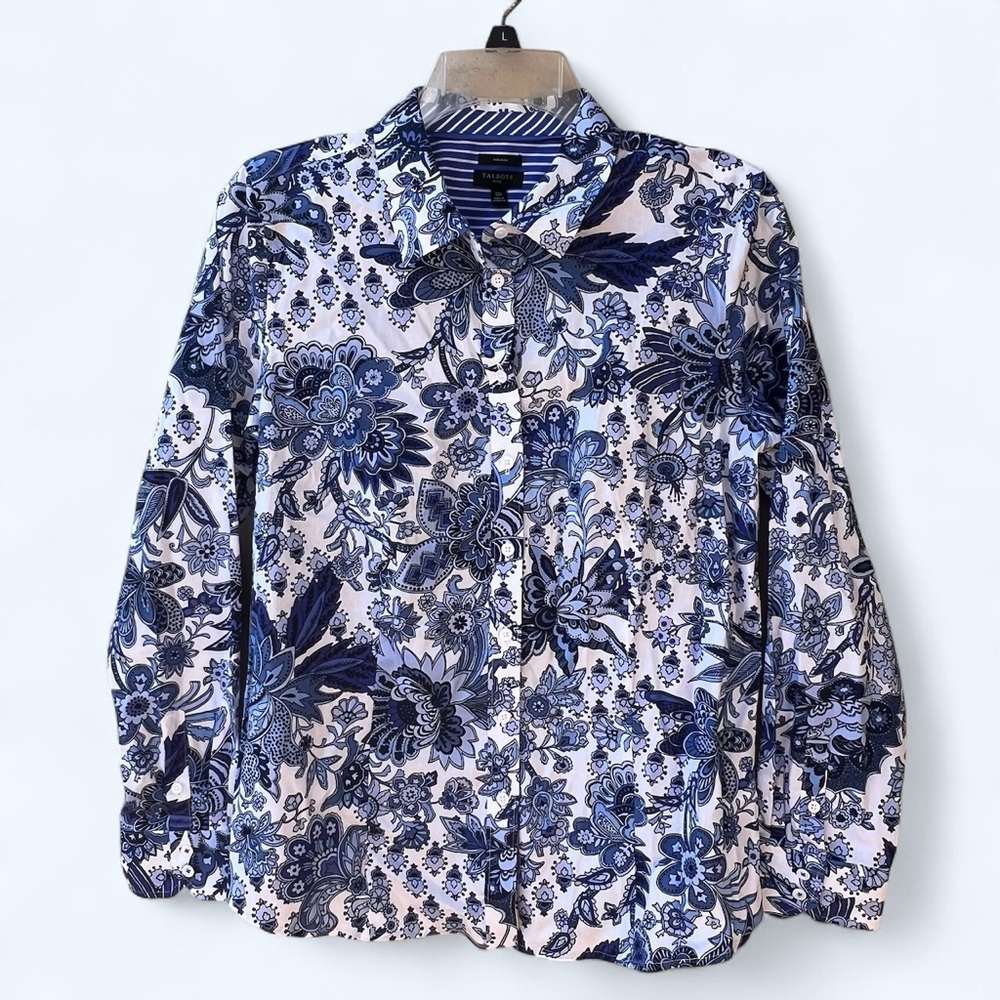 Talbots Blue and White Notched Collar Button Down Shirt